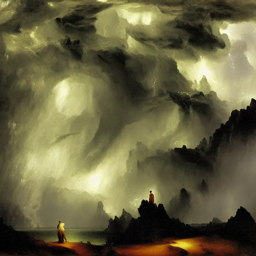 Prompt: metaphysical artwork about a lonely man during a thunderstorm, lightning and rain, painted by thomas moran and albert bierstadt. new realism. monochrome color scheme.