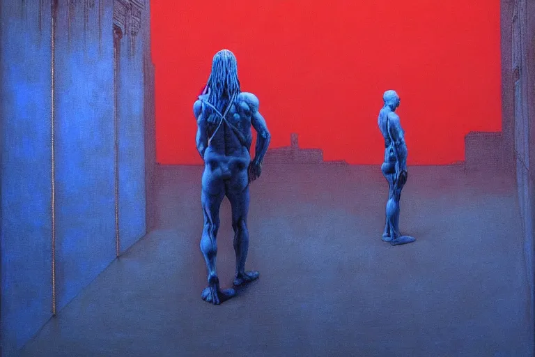 Image similar to only with blue, caesar during war, a red tiger, in hoc signo vinces, nyc in background, an ancient path, in the style of beksinski, part by hopper, part by rodcenko, part by hofbauer, intricate composition, blue by caravaggio, insanely quality, highly detailed, masterpiece, red light, artstation