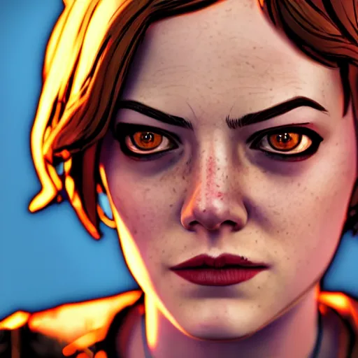 Prompt: emma stone portrait, borderlands, tales from the borderlands, the wolf among us, comic, cinematic lighting, studio quality, 8 k