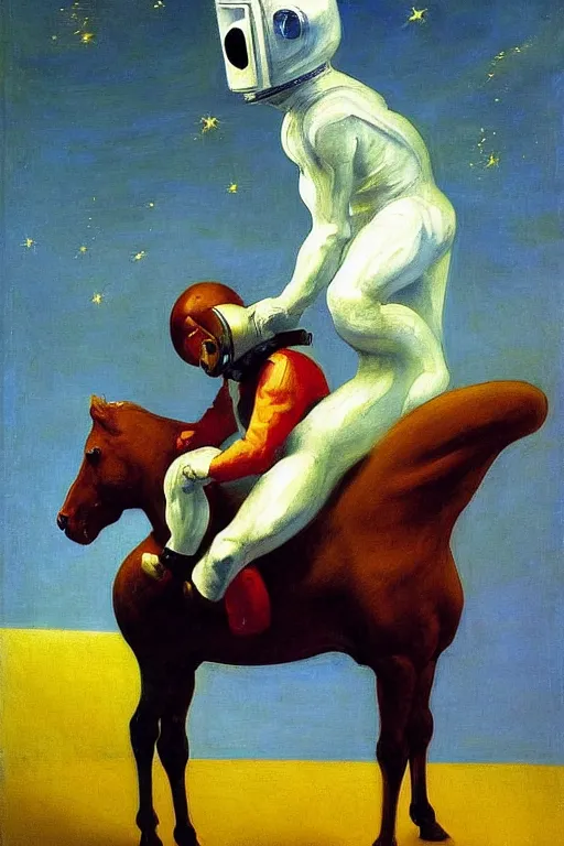 Image similar to a small man with a horse's head sits astride a man in an astronaut costume, hauntingly surreal, highly detailed painting by francis bacon, edward hopper, adrian ghenie, gerhard richter, and james jean soft light 4 k,
