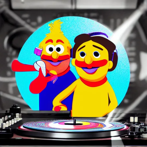 Image similar to svg sticker of a Pop-Wonder Bert&Ernie, Sesame-Street, at a rave, spinning records, giant headphones rocking out, wearing headphones, huge speakers, dancing, rave, DJ, spinning records, digital art, amazing composition, rule-of-thirds, award-winning, trending on artstation, featured on deviantart