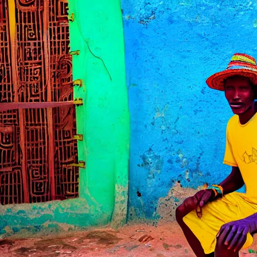 Prompt: alien map color candid vacation photo of a Malian man in cuba insane vibrant dmt color colorful background