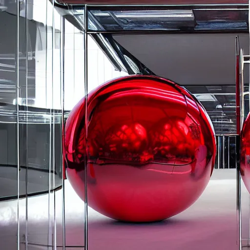 Prompt: chrome spheres on a red cube by walenty wankowicz