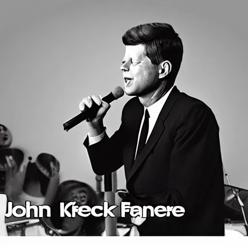 Image similar to John F. Kennedy singing into a microphone with a rock band, cinematic, 8k, detailed