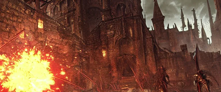 Image similar to Armored Audi 80 B3 Avant (1988) facing off a dark knight, Dark Souls 3, Eldritch Horrors, Wretched and Corrupted Knights, Heavy Battle, Fight, Car vs Knight, gunshots fired, a grim fantasy, Anor Londo, dramatic lighting, cinematic, establishing shot, extremely high detail, photorealistic, cinematic lighting, artstation, by simon stalenhag