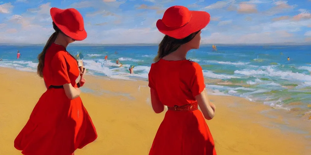 Prompt: beautiful oil matte portrait painting, young woman with red dress and mustard yellow summer hat at a beach on a sunny day, wonderful masterpiece highly detailed, beautiful cinematic light deep focus, elegant, digital painting, smooth, sharp focus, golden ratio, dramatic illumination, ultra realistic, 8 k, art by andy warhol