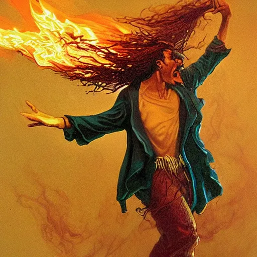 Image similar to fire in the shape of a person dancing, the whispy smoke, fantasy, dnd, illustrated by michael whelan