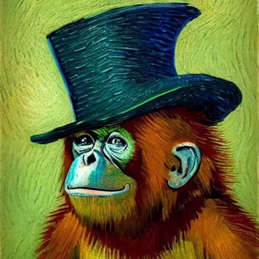 Image similar to a van gogh painting of a baby orangutan wearing a top hat, 4 k, hyper realistic, dslr, landscape, high resolution