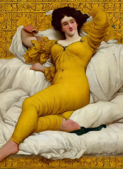 Image similar to masterpiece portrait of lady reclining on bed wearing yellow ochre ornate medieval dress, foreshortening, colour photography by frederic leighton, william morris, 8 k