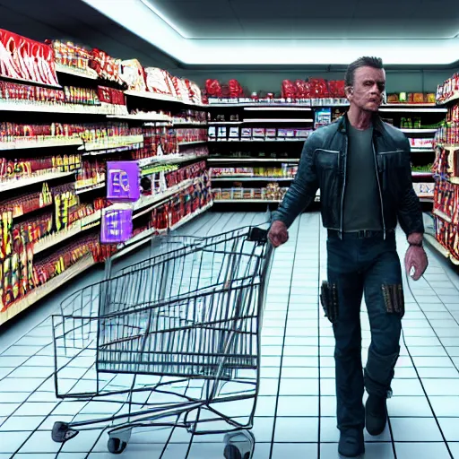 Image similar to the terminator buying stuff at the supermarket, unreal 5, hyperrealistic, octane render, cosplay, RPG portrait, dynamic lighting