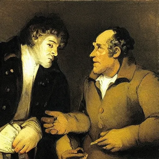 Image similar to two men arguing about neural networks in small room lighted by candles. art by francisco goya - w 1 0 2 4