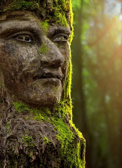 Prompt: photograph of hyperrealistic hyperdetailed ancient face in a tree covered with bark and moss, dark mysterious forest at sunset