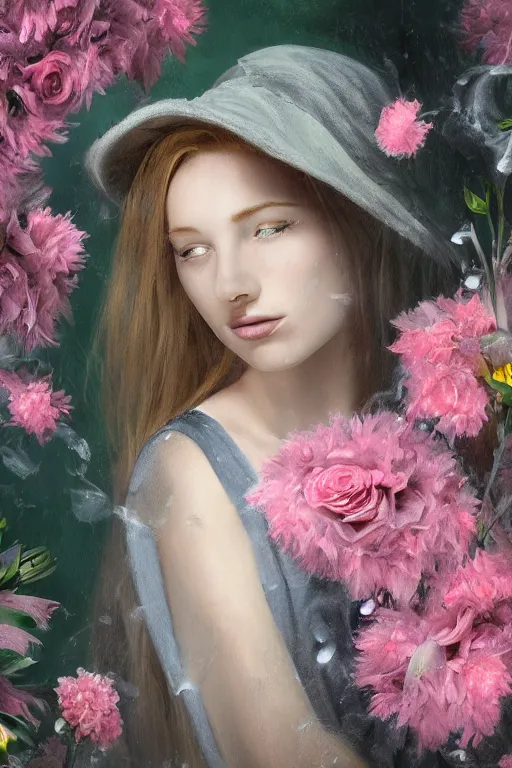 Prompt: oil painting, gray, pink, contrast, waterfall cave, redheaded girl wearing a hat of flowers and dress of fresh flowers, decorated with flowers, roses, lilies, chrysanthemums, irises, water drops, water jets, overhead light, high quality octane render 4 k, 8 k