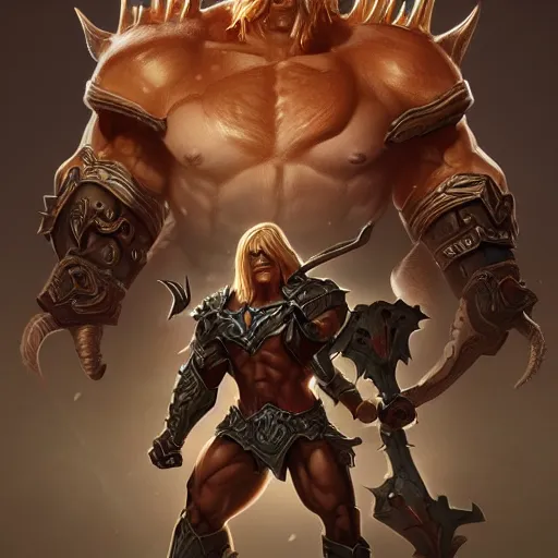 Image similar to he man in diablo 3, au naturel, hyper detailed, digital art, trending in artstation, cinematic lighting, studio quality, smooth render, unreal engine 5 rendered, octane rendered, art style by klimt and nixeu and ian sprigger and wlop and krenz cushart