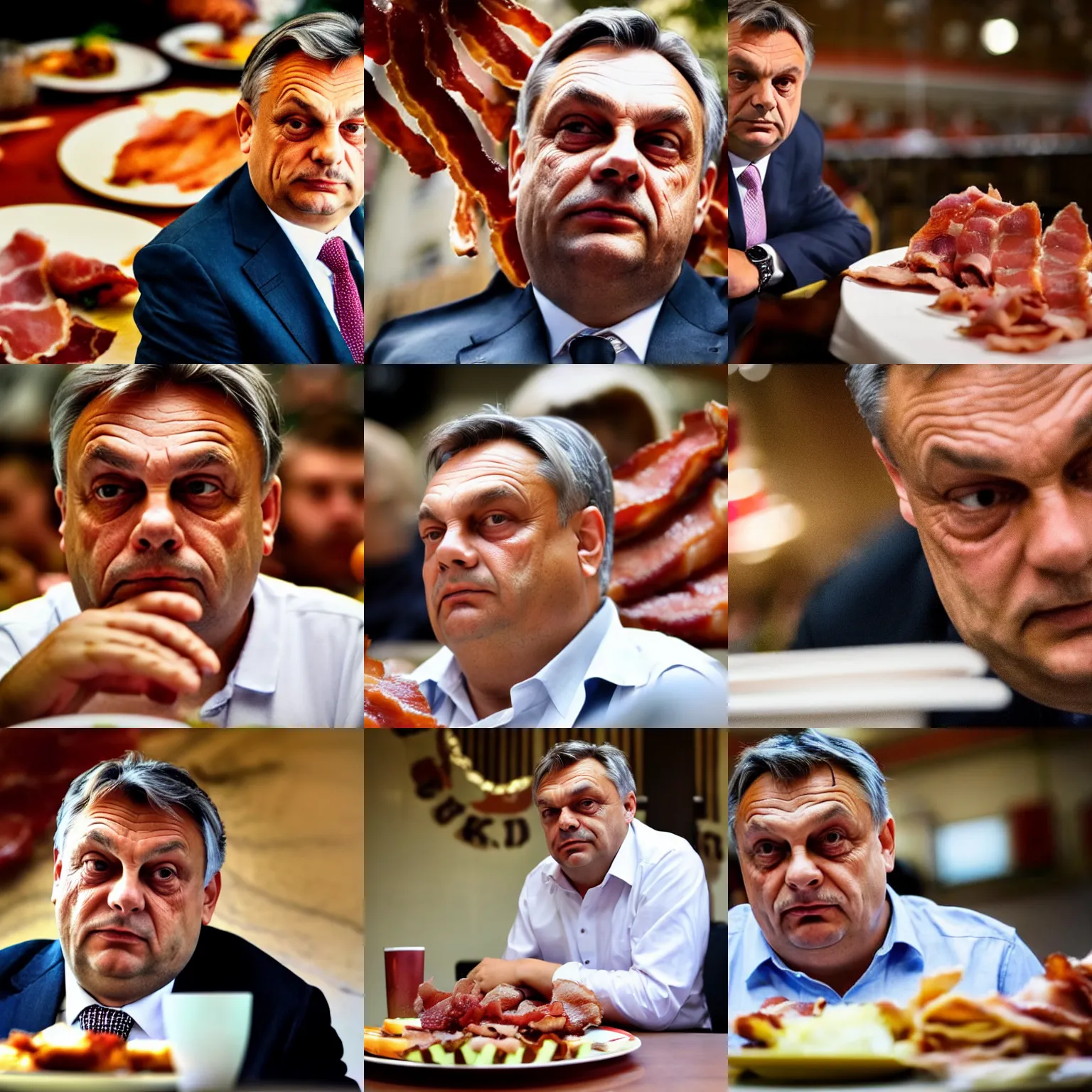 Prompt: low angle close - up of haunting viktor orban sitting behind a table full of bacon, bokeh