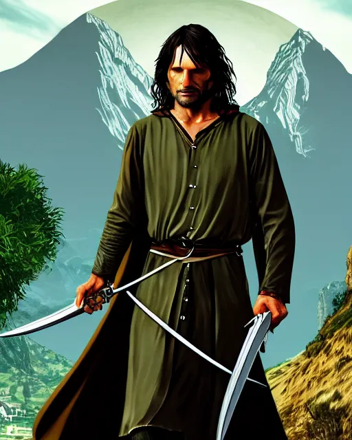 Prompt: Aragorn from Lord of the rings in GTA V, Cover art by Stephen Bliss, boxart, loading screen, 8K resolution