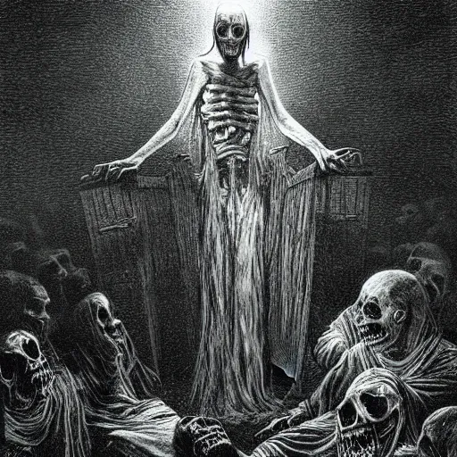 Image similar to night of the living dead, creepy atmosphere, dark, portrait, realistic, very realistic, illustration by Gustave Doré