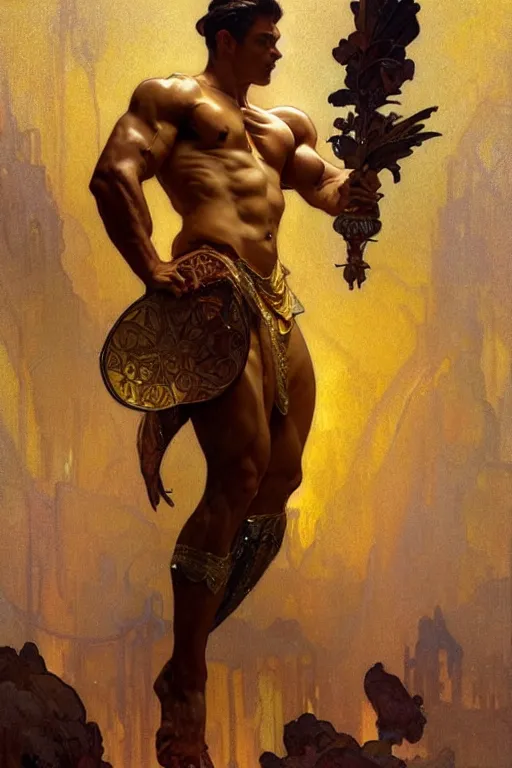 Image similar to A man wearing golden clothes, muscular, fantasy, painting by greg rutkowski and alphonse mucha