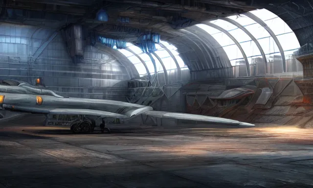 Prompt: matte painting, digital painting, high quality, unreal engine 5, a sci fi hangar