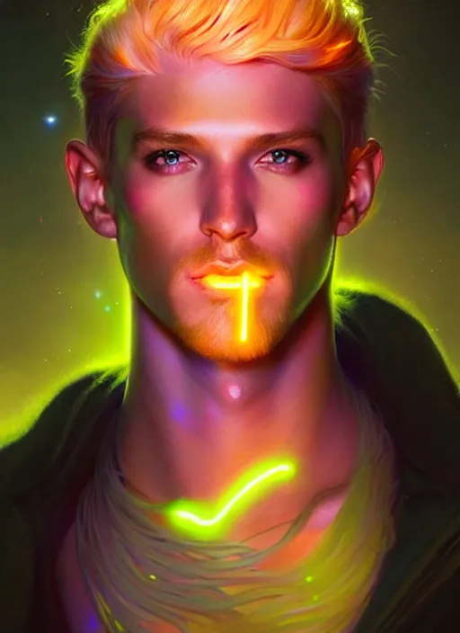 Image similar to a male faceless glowing liquefied stardust adventurer, dnd fantasy character, full body portrait, glowing neon skin, magical aura, ultra realistic, intricate, elegant, highly detailed, digital painting, artstation, smooth, sharp, focus, illustration, art by artgerm and greg rutkowski and alphonse mucha