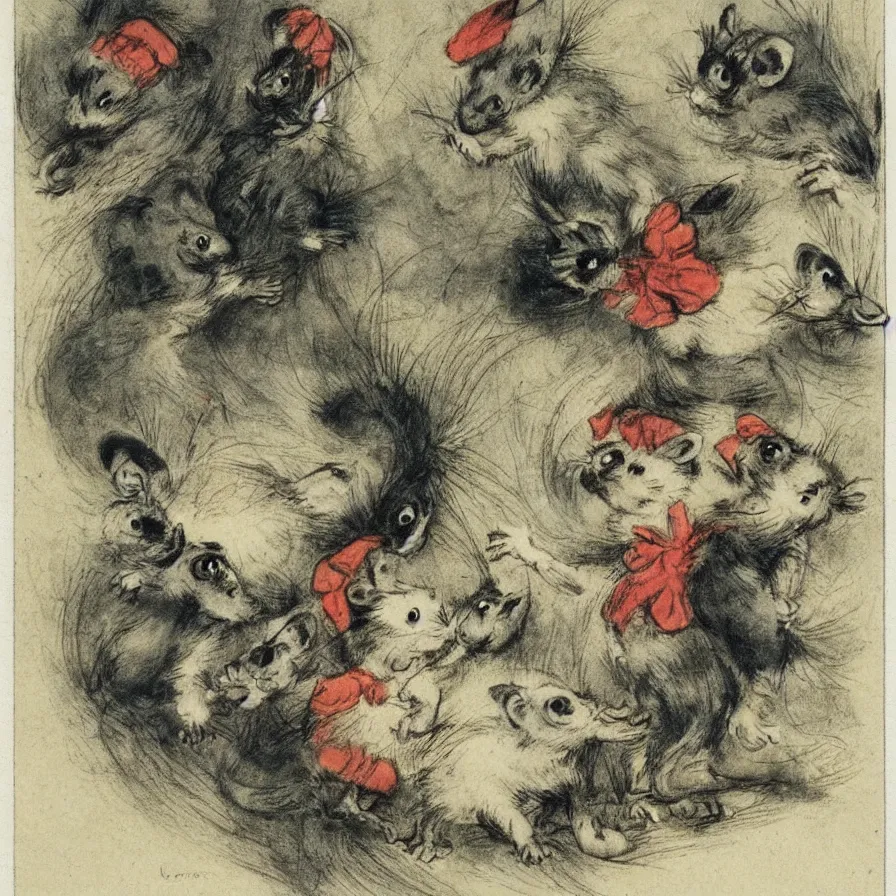 Prompt: Louis Icart, an old elaborate colored drawing of adorable little rats by Louis Icart, highly detailed, masterpiece