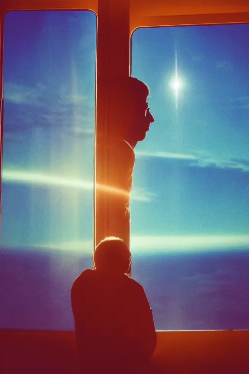 Image similar to agfa vista 4 0 0 photograph of a guy in a spaceship looking out a window at earth, back view, synth vibe, vaporwave colors, lens flare, moody lighting, moody vibe, telephoto, 9 0 s vibe, blurry background, grain, tranquil, calm, faded!,