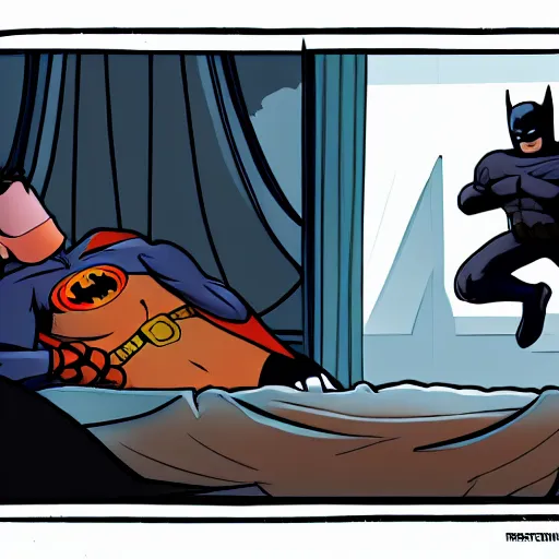 Prompt: man sleeping in bed with batman lurking menacingly in the window. artstation