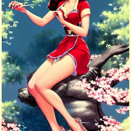 Image similar to pin - up portrait of a beautiful young mulan, pretty long hair, cherry blossoms, intense flirting, showing curves, symmetrical face, digital art, smooth, extremely detailed, model pose, by wu bayard, by gil elvgren, by ralph horsley, by hanks steve