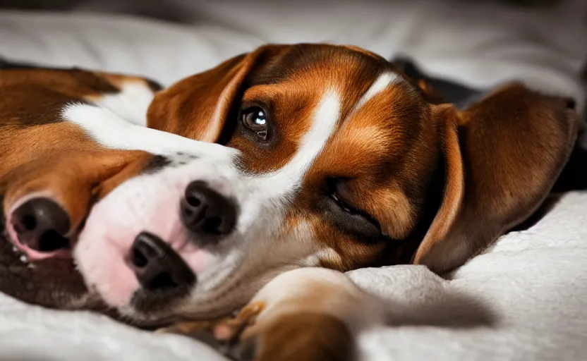 Prompt: beagle dog on a bed, photojournalism, award winning photo by national geographic, 8 k