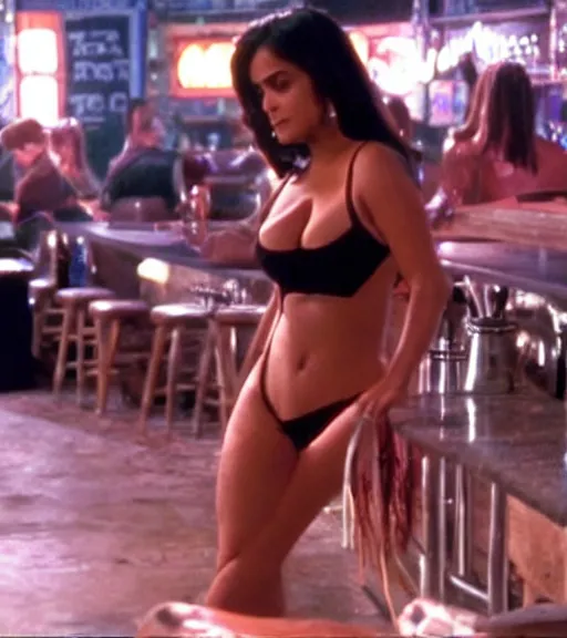 Prompt: film still of salma hayek leaning over a counter as a sexy hooters girl inside a biker bar, large bust beautifully showing in hooters top as it rests on the counter in a leant pose, scene directed by quintin tarantino.
