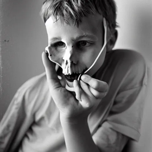 Image similar to teenage boy with skull mask smoking by sally mann