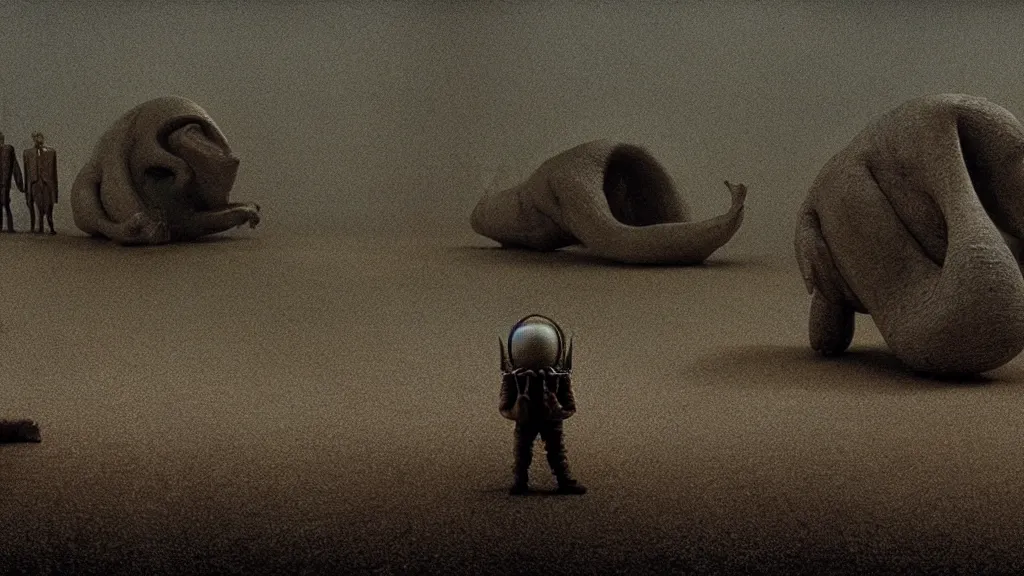 Prompt: the strange creature, made of milk and metal, we wait in line at the bank, film still from the movie directed by denis villeneuve and david cronenberg with art direction by salvador dali and zdzisław beksinski, wide lens