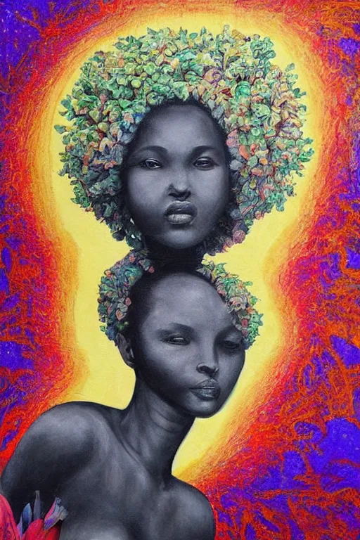 Image similar to painting of african mother nature floating through the sky, inspired by gustav moreau and wayne barlow, exquisite detail, hyper realism, ornate, exquisite detail, cute face