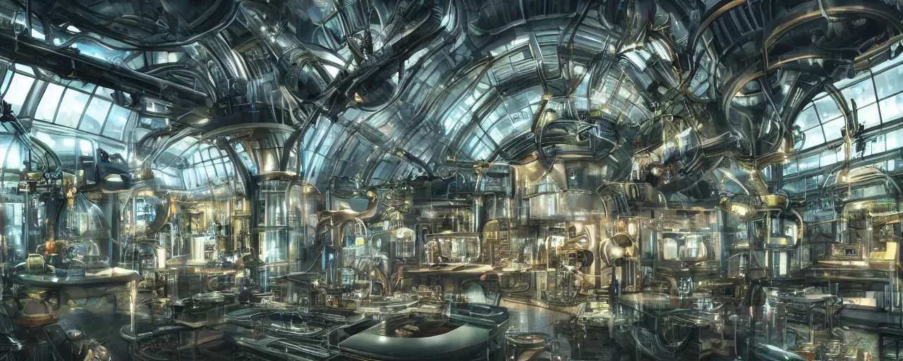 Image similar to a futuristic steampunk science laboratory, built in the middle of a lush tropical rainforest, cinematic back lit lighting, realistic, detailed, canon 20mm,