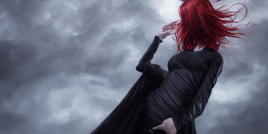 Prompt: red haired female in a black dress flying through the sky, realistic character concept, medium shot, fun pose, comic book, illustration, slender symmetrical face and body, artstation, cinematic lighting, hyperdetailed, cgsociety, 8k, high resolution, Charlie Bowater, Tom Bagshaw, single face, insanely detailed and intricate, beautiful, vfx, postprocessing