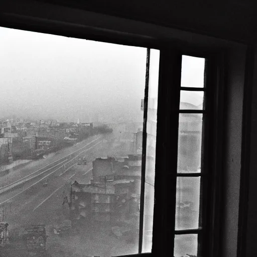 Prompt: view out of a window, fallout city and radioactive rain, with a oppressive mood