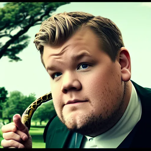 Image similar to james corden as a snake who is annoying to everyone in his surroundings, photo, cinematic, 8 k