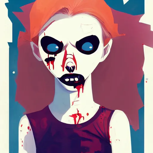 Image similar to Digital portrait of a cartoon punk zombie young lady by Atey Ghailan, by Loish, by Bryan Lee O'Malley, by Cliff Chiang, ((dark blue moody background))