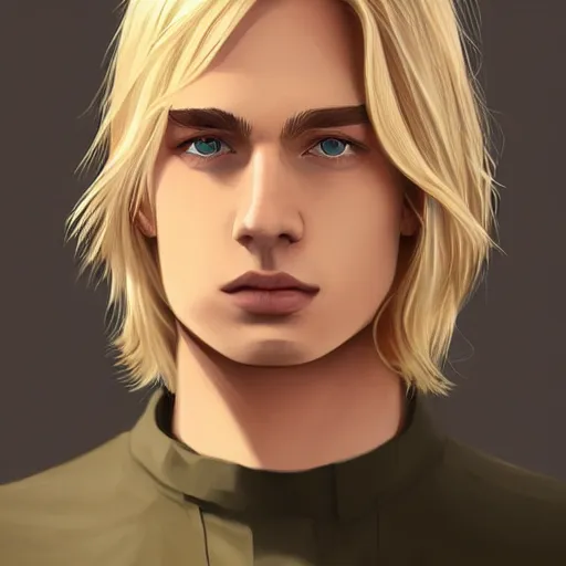 Image similar to a young blond man with long hair wearing a brown shirt, clean shaved, a character portrait by lydia field emmet, trending on cg society, photorealism, wiccan, handsome, ilya kuvshinov