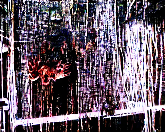 Prompt: el diablo satanas [covered in wires] emerges from a cybercore portal in my disgusting room in the basement, 16 mm