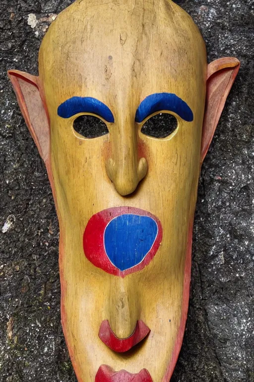 Prompt: a flat carved wooden elf mask face, staring eyes, vividly coloured, highly detailed, vintage european folk art, colour photograph