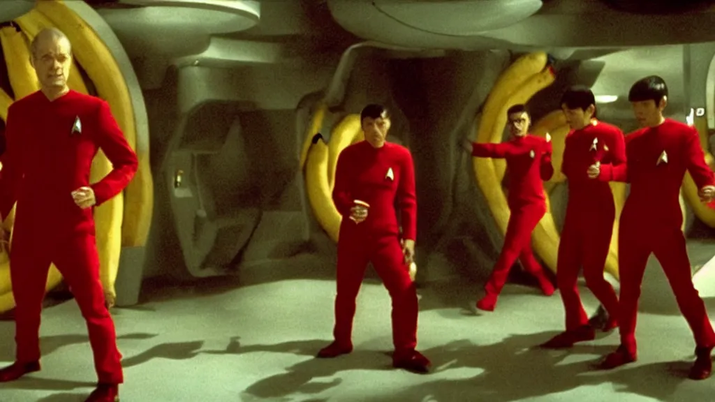 Prompt: giant monsters made of bananas killing crew wearing red on star trek, film still from a movie directed by Denis Villeneuve star trek with art direction by Salvador Dalí, wide lens