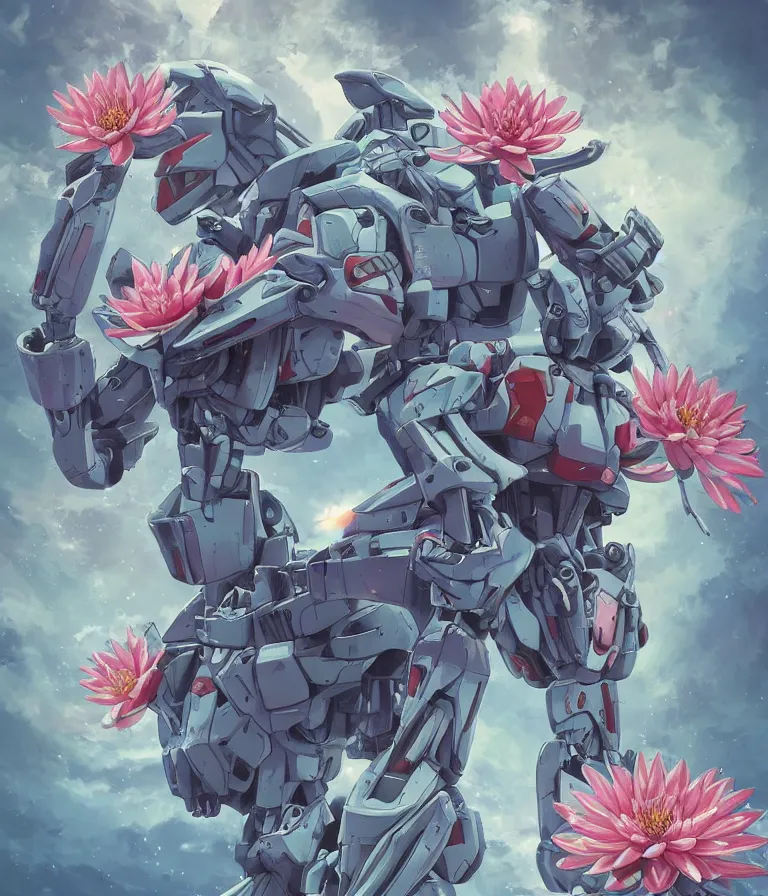 Prompt: gundam with a realistic nymphaea waterlily head. waterlily biomechanical droid. floral power armor with waterlily helmet. cyril rolando, beeple. biomechanical, bandai box art, 8 k hd resolution, r / gunpla