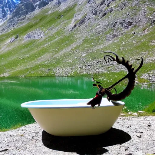 Prompt: dragonfly in a bathtub in the alps, big ibex!! in the background