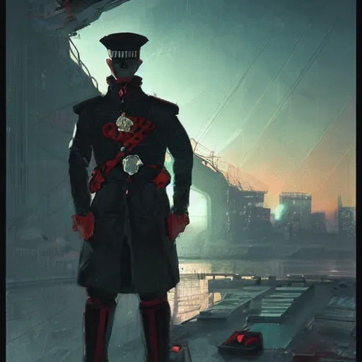 Image similar to portrait of rubbery albino mutant with determined expression, sharp features, moist skin and wide black eyes wearing fascist Napoleonic Tang Dynasty police uniform standing on cyberpunk docks, science fiction concept art by Greg Rutkowski and Anato Finnstark