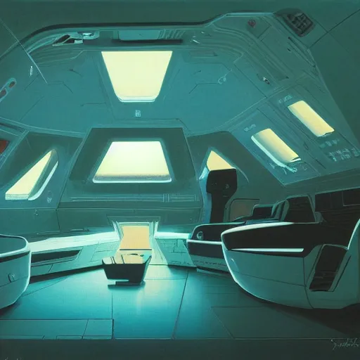 Prompt: Cozy interior of a spaceship, teal lighting, cozy lighting, space seen outside from a window, by Syd Mead, John Harris, Federico Pelat