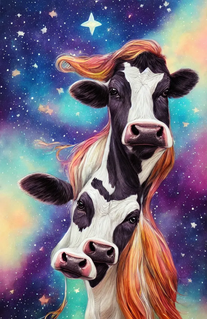 Image similar to cow in the stars in the style of Anna Dittman