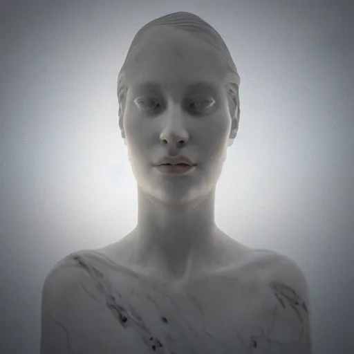 Image similar to “a delicate marble sculpture dramatic portrait of a woman covered with water veil, highly detailed marble cloth, gi, global illumination, physically based rendering, photorealistic, top light, dark background”