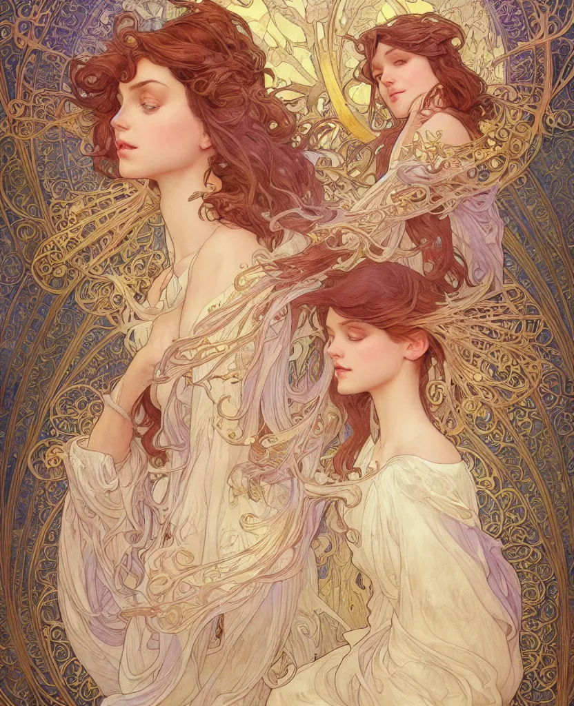 Image similar to an angel, highly detailed, very intricate, art nouveau, gold filigree, romantic storybook fantasy, soft cinematic lighting, award - winning, disney concept art watercolor illustration by mandy jurgens and alphonse mucha and alena aenami, pastel color palette, featured on artstation