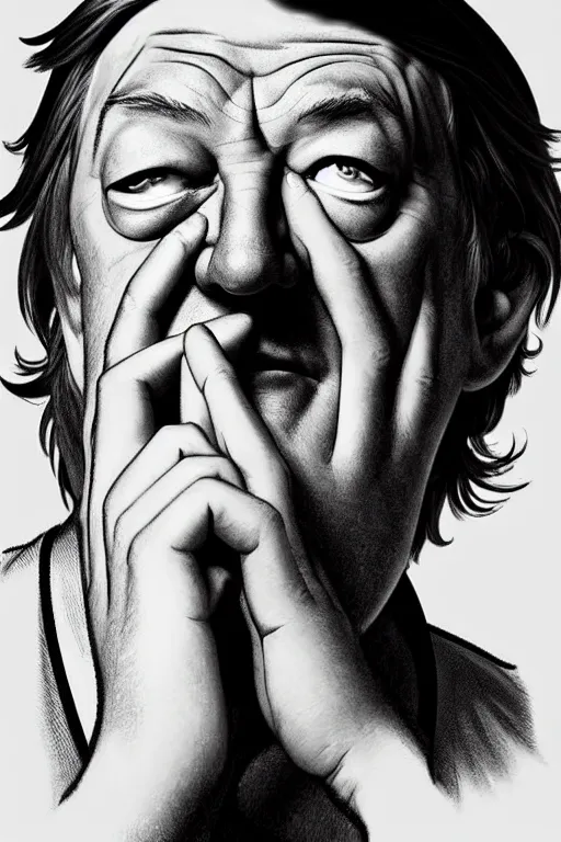 Image similar to stephen fry winking his left eye at the camera, in the style of art by artgerm and greg rutkowski and alphonse mucha